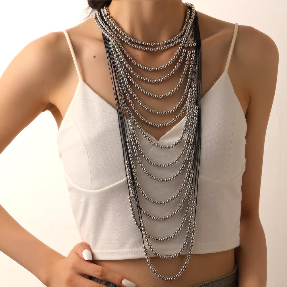 Layered Tassels Necklace Boho Multilayer Imitation Pearl Necklace Wedding Jewelry
