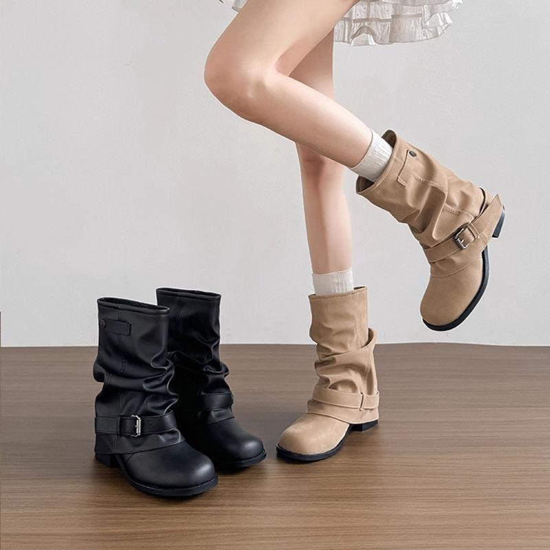 Western Jeans Tube Short Boots Women's 2025 New Autumn Thick Heel Pleated Pile Boots Retro British Martin Boots