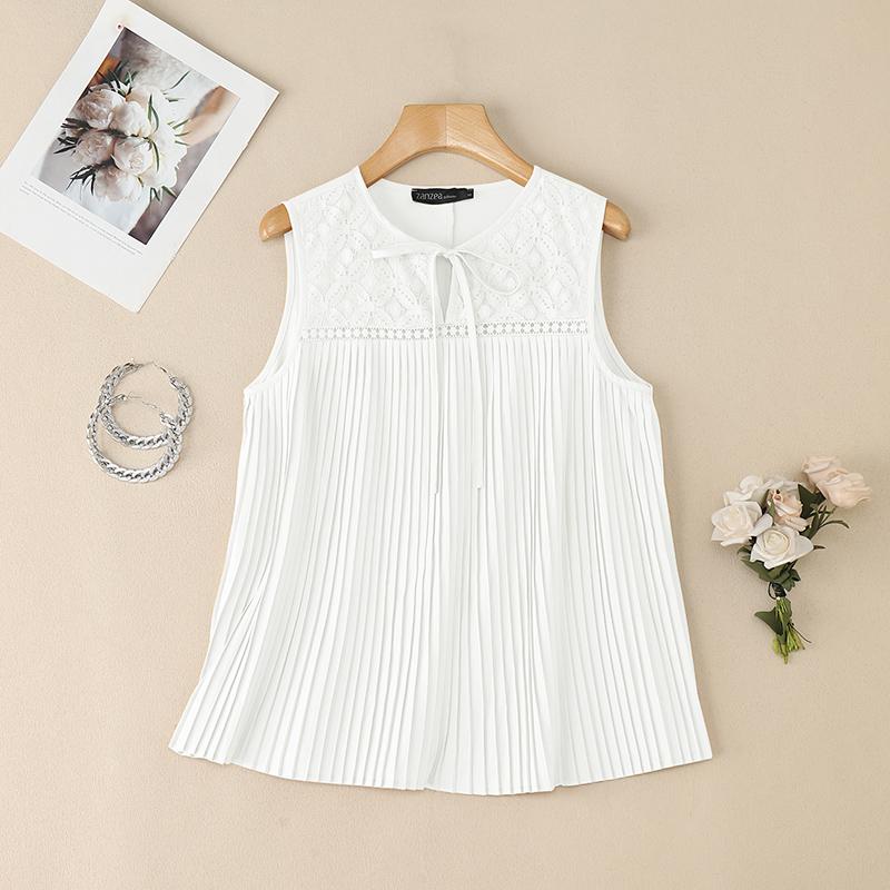 ZANZEA Women Casual Crochet Splice Round Neck Summer Sleeveless Tank Tops