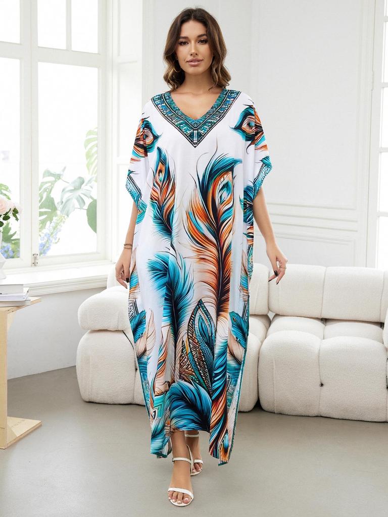 Свободный хлопковый халат большого размера с принтом - Пляжная накидка для женщин