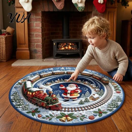 Anti-slip Floor Mat for Home Round 3D Christmas Rug, Vortex Optical Illusion Area Santa Snowman Staircase Holiday Decor Depth Pattern, Non-slip Living