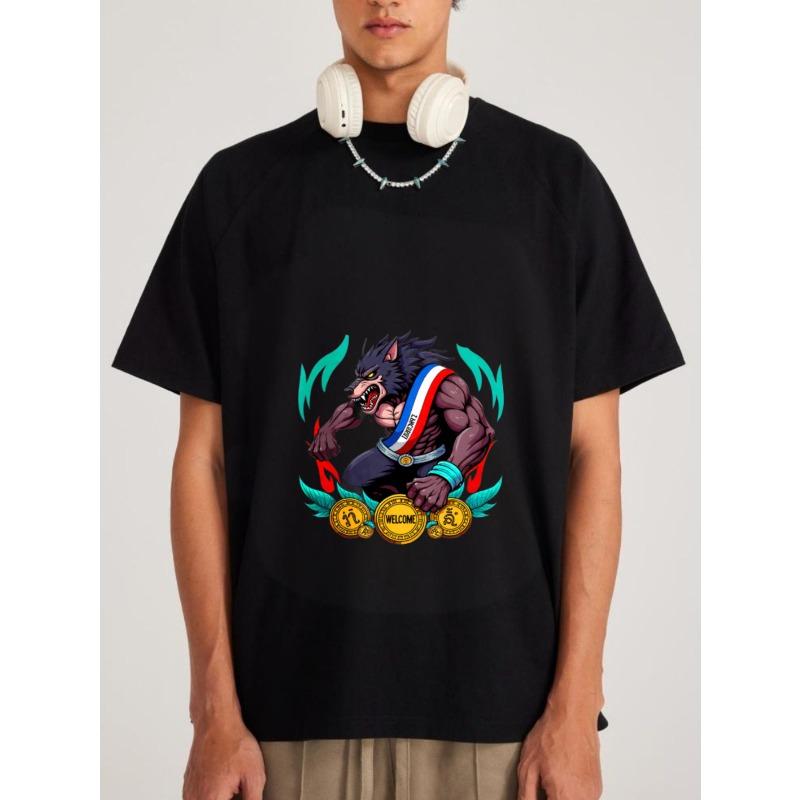 Белая футболка с талисманом Волка, медалями и надписью Welcome. Повседневная одежда для мужчин