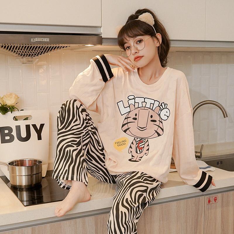 Пижамы с принтом, комплект из двух предметов, студенческий корейский, свободный, повседневный, с круглым вырезом, с длинными рукавами, весенне-осенний, сладкий, негабаритный, шикарный тренд