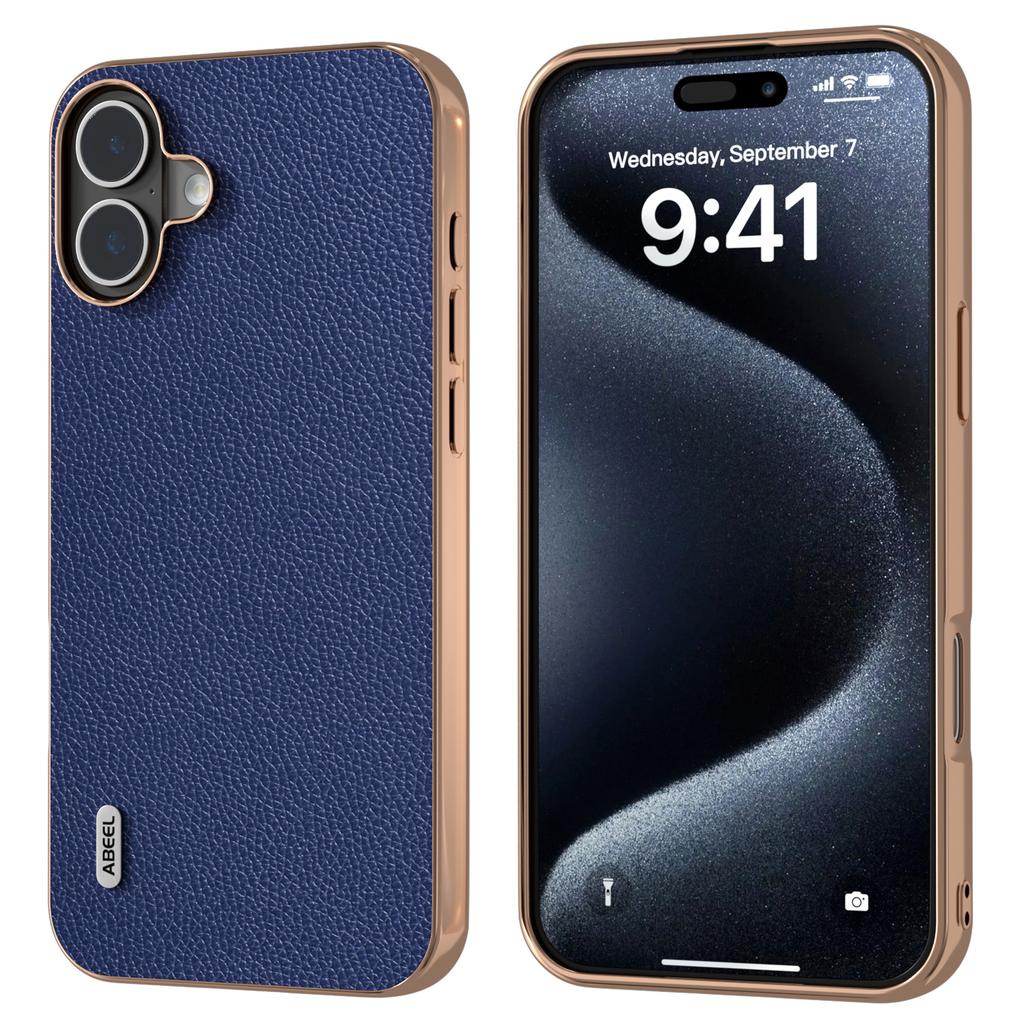 ABEEL For iPhone 16 Plus Case Genuine Cow Leather+PC+TPU Electroplating Phone Cover