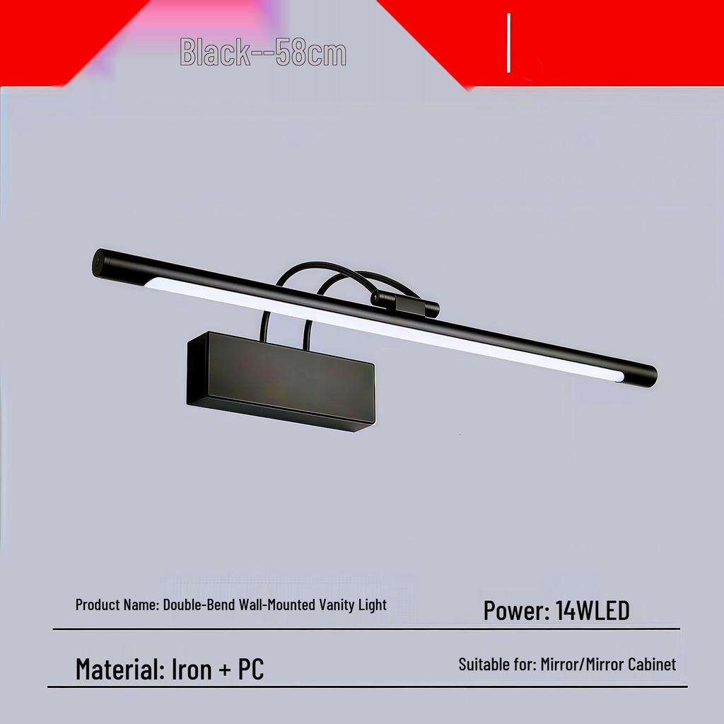 Punch-Free LED Vanity Light: Double-Bend Wall-Mounted, Waterproof, Fog-Proof Makeup Mirror Light with Iron Bracket for Bathroom