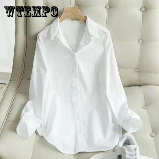 Женские весенние рубашки, женские летние топы больших размеров, осенние повседневные белые свободные блузки с длинным рукавом с отложным воротником для офисных дам