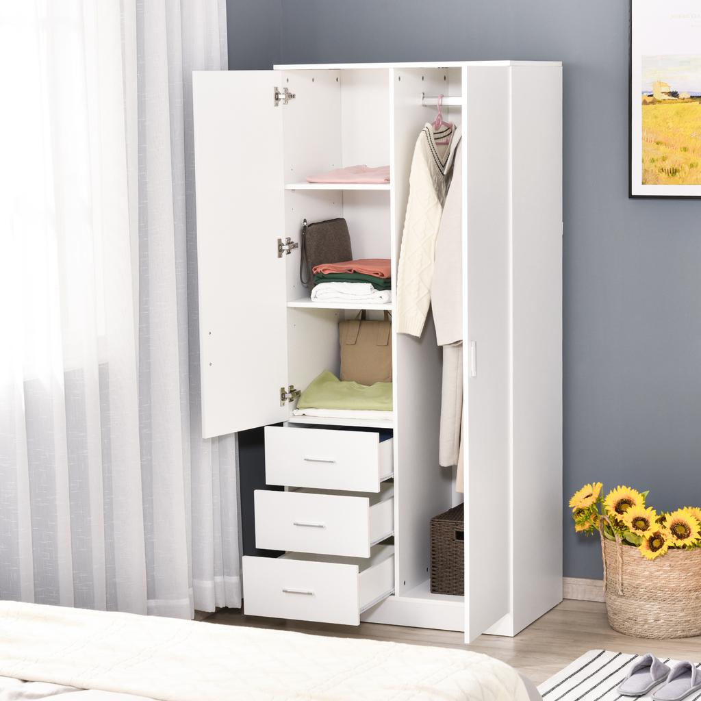 2 Door 3 Drawer Mirrored Wardrobe with Hanging Rail, Modern Clothes Storage Cupboard with Mirror, Drawers and Adjustable Shelves for Bedroom