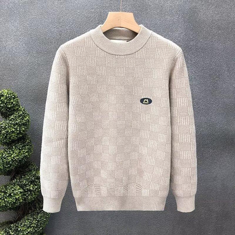 Цельный бархатный свитер, мужской утолщенный теплый мужской свитер на флисовой подкладке, модный круглый вырез, повседневная рубашка с вышивкой, модная