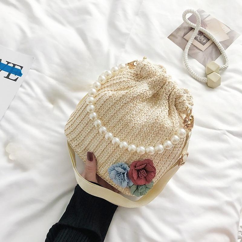 Маленькая плетеная сумка Fresh Flower с жемчужной цепочкой, сумка-тоут Holiday Wind Beach Crossbody Bucket Bag
