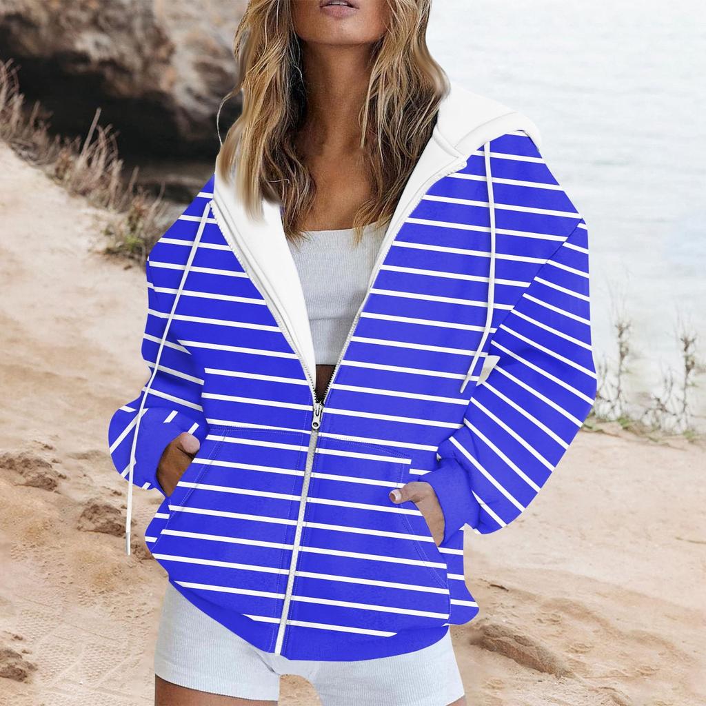 Женская толстовка с длинными рукавами и полосатым принтом, куртка с длинными рукавами и карманами, на молнии, пальто с капюшоном