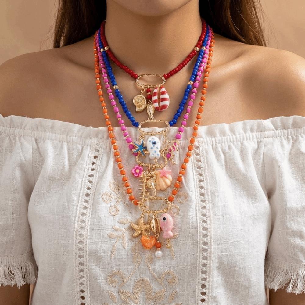 Handmade Fish Starfish Pendant Necklace Colorful Beads Boho Necklace Beaded Necklace Jewelry Gifts