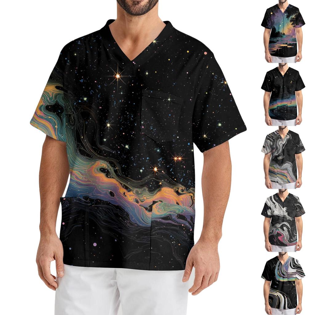 Мужская рабочая блузка с короткими рукавами и v-образным вырезом с принтом, топ с нагрудным карманом