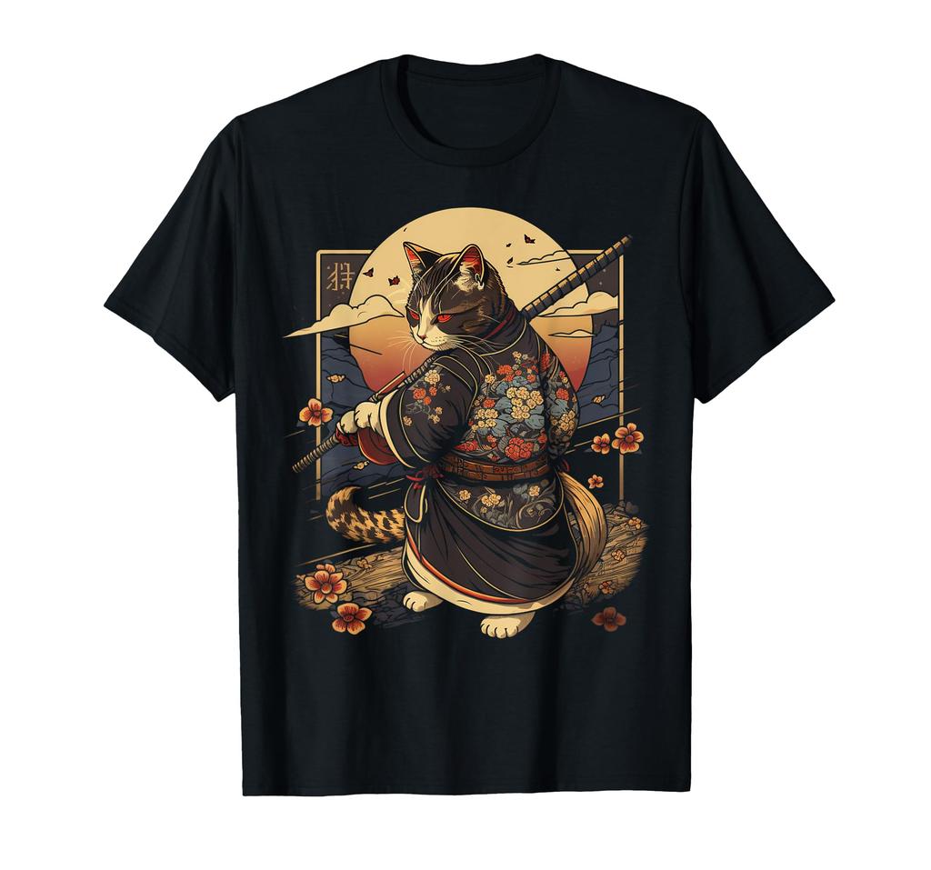 Japanese Art Cat Ninja Anime Style Samurai Cat Ukiyo-e T-Shirt