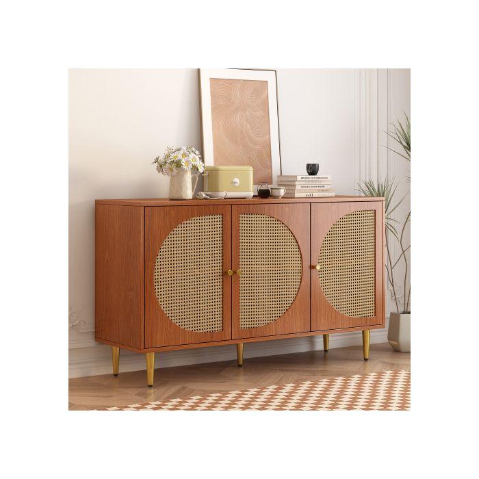 Buffet avec 3 portes en rotin Grande commode avec poignées en métal, noyer 129.8x40x76 cm