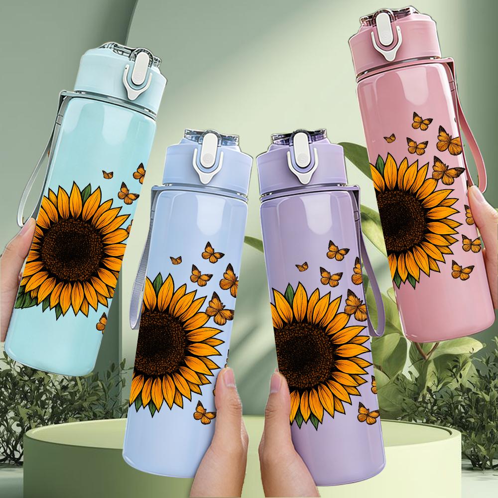 1PC Single Sunflower Bloom 750ml Color Plastic Sports Water Bottle Leakproof Flip Straw Lid For Sports Office Home Use