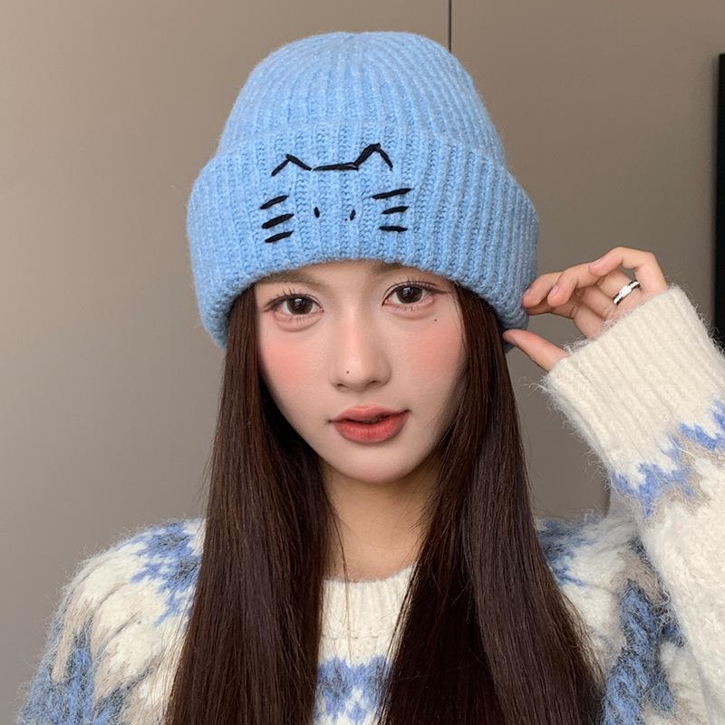 Imitation Wool Woolen Hat for Women Japanese Style Cute Cat Pullover Hat Showing Face Small Autumn and Winter Warm Ear Protection Knitted Hat Trendy