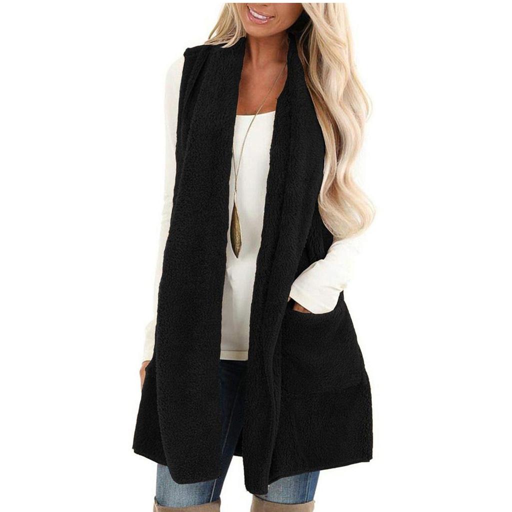 Женское модное однотонное повседневное пальто из плюшевого жилета с карманами