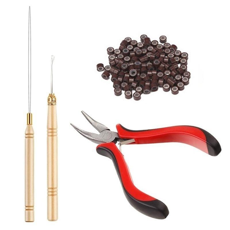 Hair Extension Kit Pliers Pulling Hook Bead Device Tool Kits with 500pcs Silicone Rings LS
