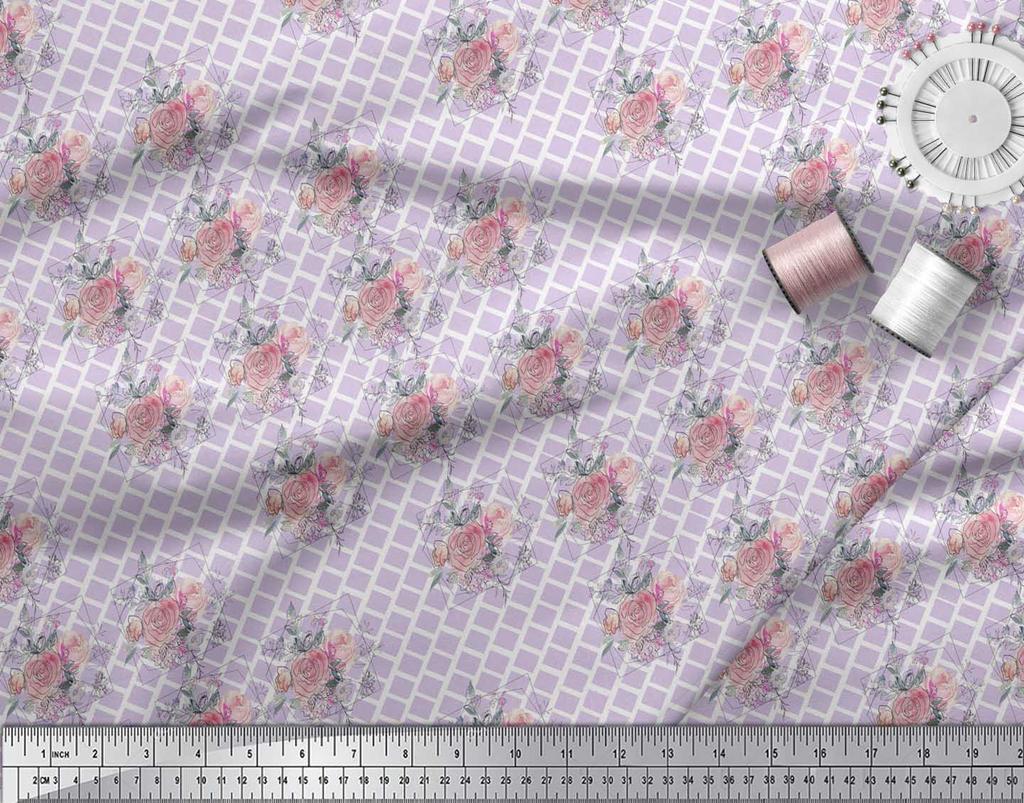 Soimoi Gray Poly Crepe Fabric Square & Rose Floral Print Sewing Fabric metre 42 Inch