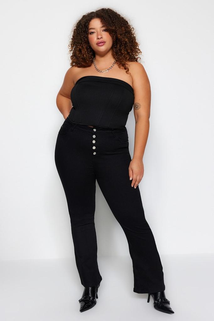 Женские стильные джинсы больших размеров с цветными черными пуговицами и высокой талией