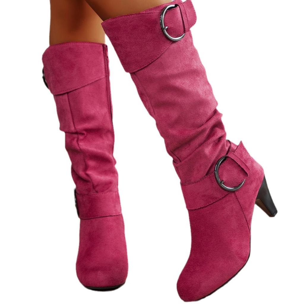 Большой размер 43 2024 Сапоги до колена женские осенние из искусственной замши с пряжкой модные шпильки женская обувь зимняя горячая распродажа