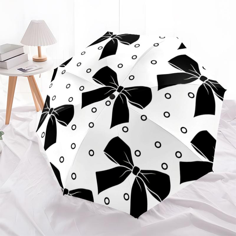 Black Bowknot Patterned Automatic Opening Folding Umbrella with 8-Bone Iron Frame - Perfect for Outdoor Use, Festive Gifts, Travel, Daily Us