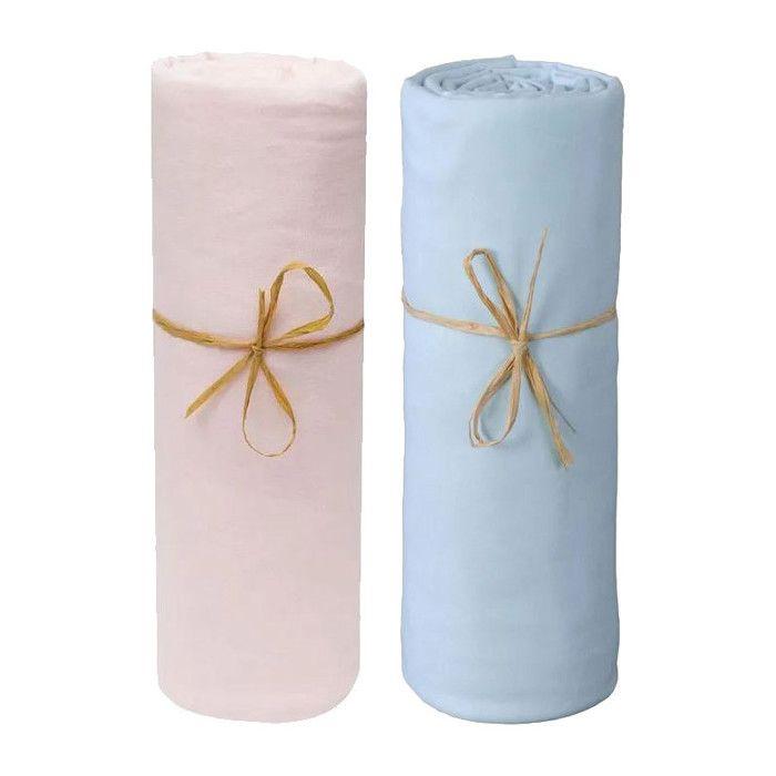 Lot de 2 Draps housse lit bébé 60 x 120 cm / 100% coton / 57 fils/cm² - 1 Rose + 1 Ciel