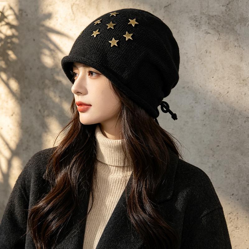 ins retro star knitted headgear women's thin lazy loose cold hat versatile casual pile hat
