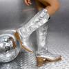 Fashion Autumn New Metallic Silver Gold Cowboy Boots Women Shoes Chunky Heels Plus Size Slip On Mid-Calf Music Festival Cowgirls Boots
