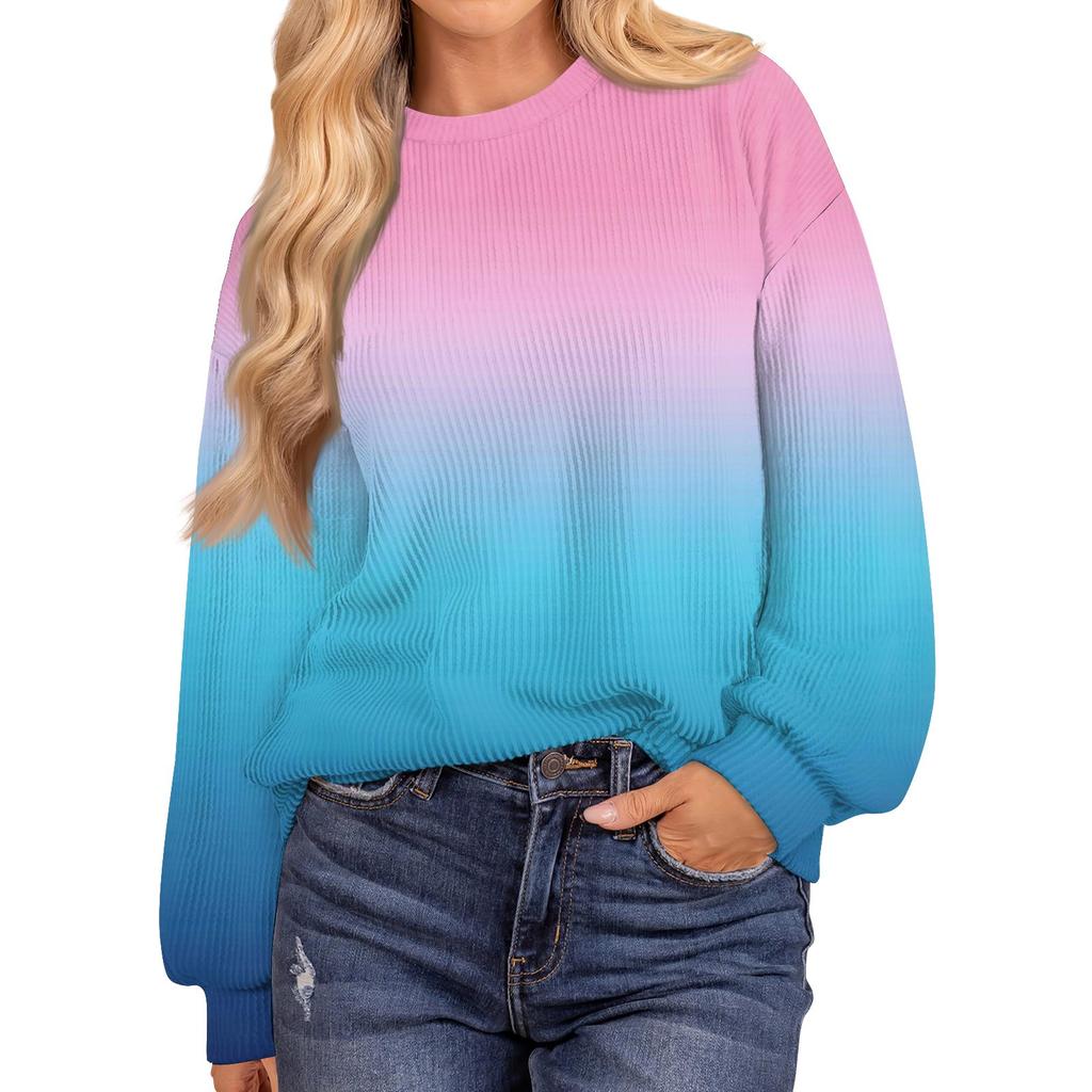 Женские повседневные свободные туники, топы с круглым вырезом, трикотажные ребристые рубашки с принтом, длинный рукав, пуловер, топ