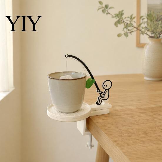 Tea Bag Holder for Glass Cup Fishing Man with Coaster, Cute Stick Figure Minimalist Anti-drip Coaster Holder, Funny Desk Drip Catcher, Novelty
