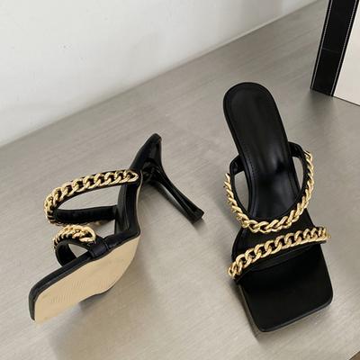 Liyke/тонкие тапочки на высоком каблуке с открытым носком, женские уличные модные дизайнерские сандалии с металлической цепочкой, женские шлепанцы без шнуровки