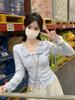 Snowflake Stripe Brushed Blue Lace Two-Piece Long Sleeve T-Shirt - Women's Autumn Short Style