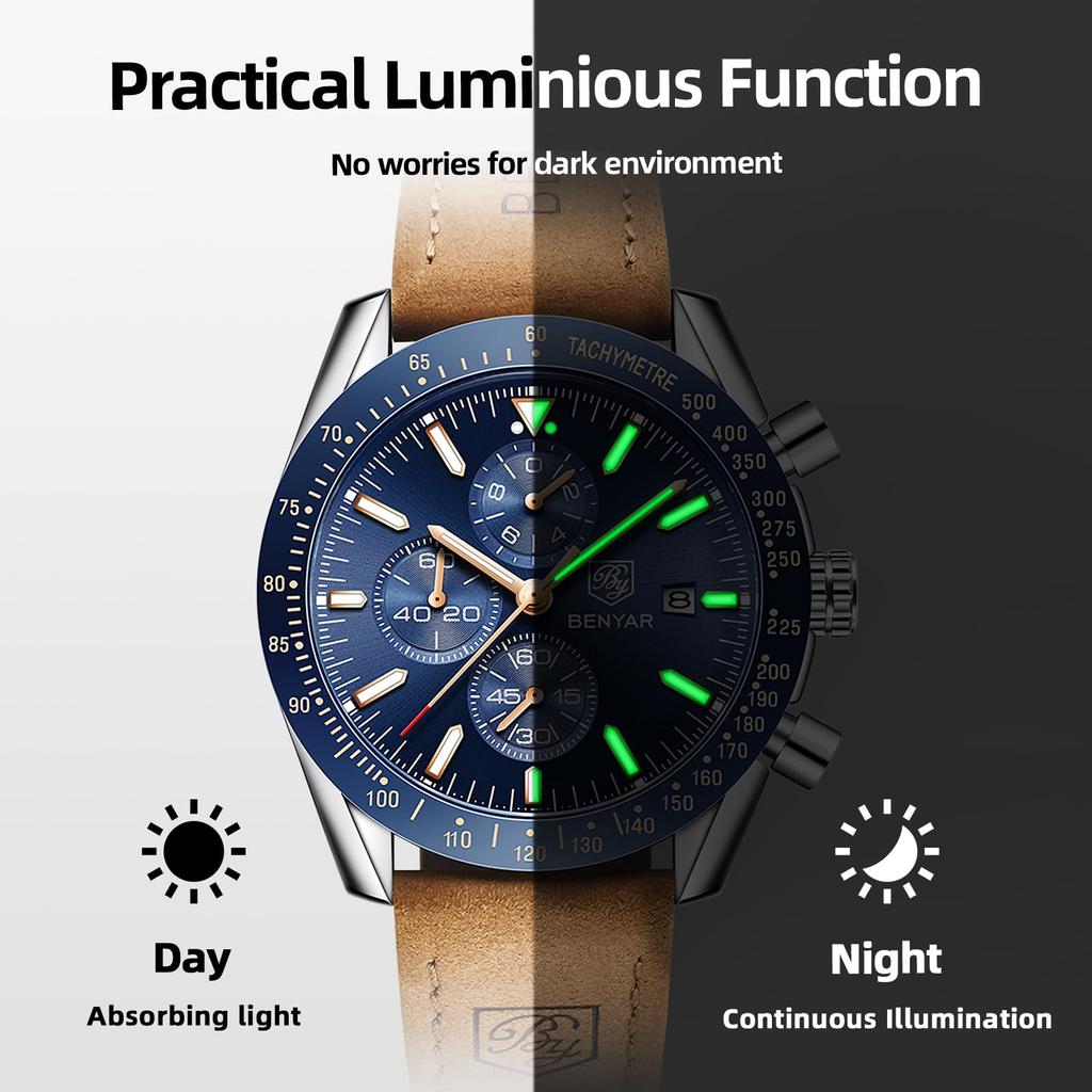BY BENYAR Watch Watch Chronograph Analog Watch 30M Waterproof Business Simple Stylish Popular Formal Leather Belt Quartz Watch Gift for Men Brown