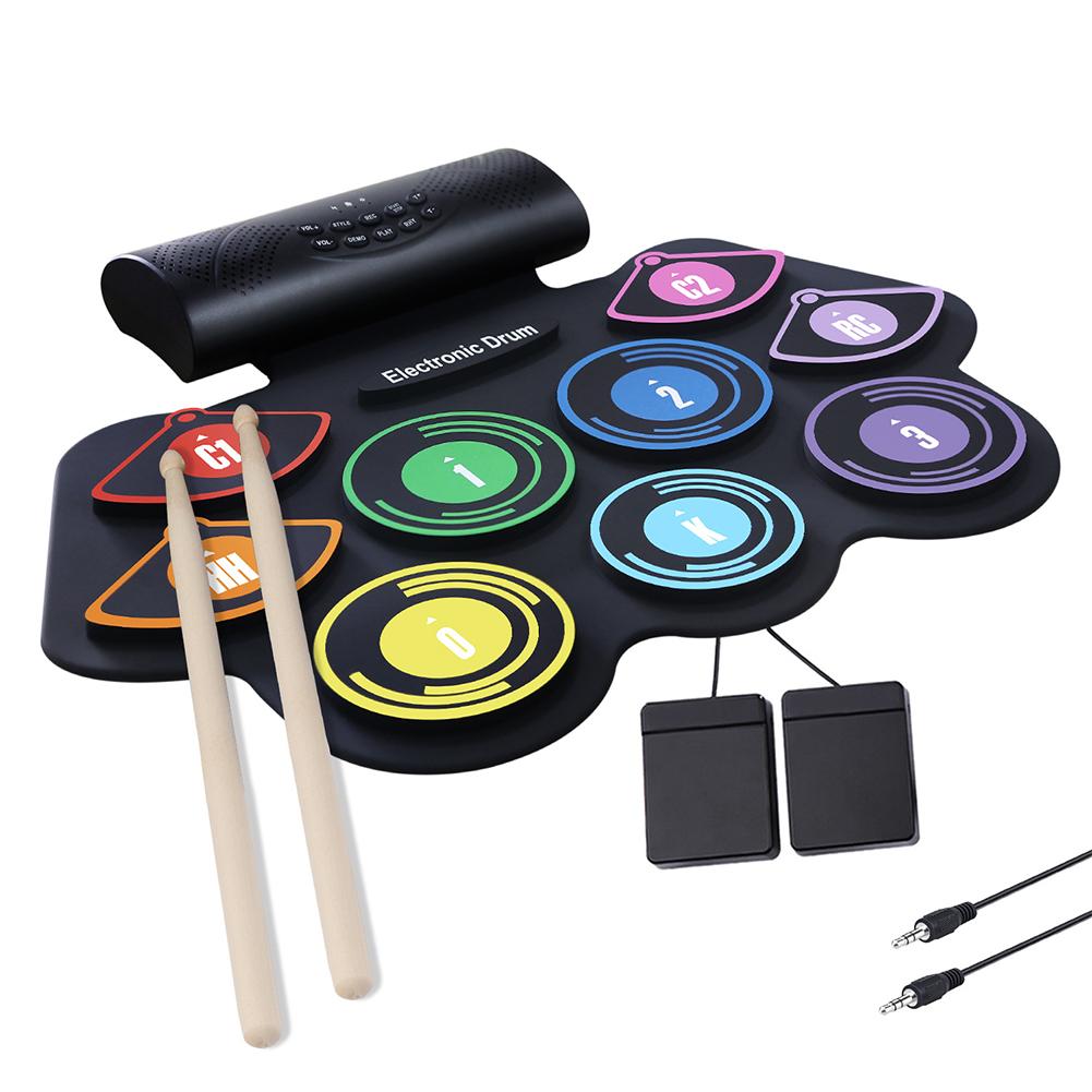 Electronic Drum Set Hand Roll Drum Percussion Instrument 9 Pads BT External Sound Drumsticks Foot Pedal MIDI Interface Speaker