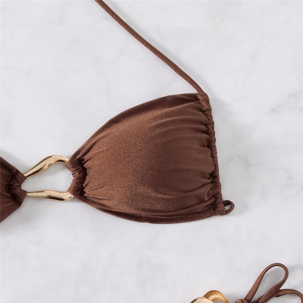 Коричневый блестящий микро-бикини-стринги с завязками на шее, сексуальный купальник для женщин, купальный костюм с металлическим кольцом, 2026, мини-бикини, купальник, комплекты бикини