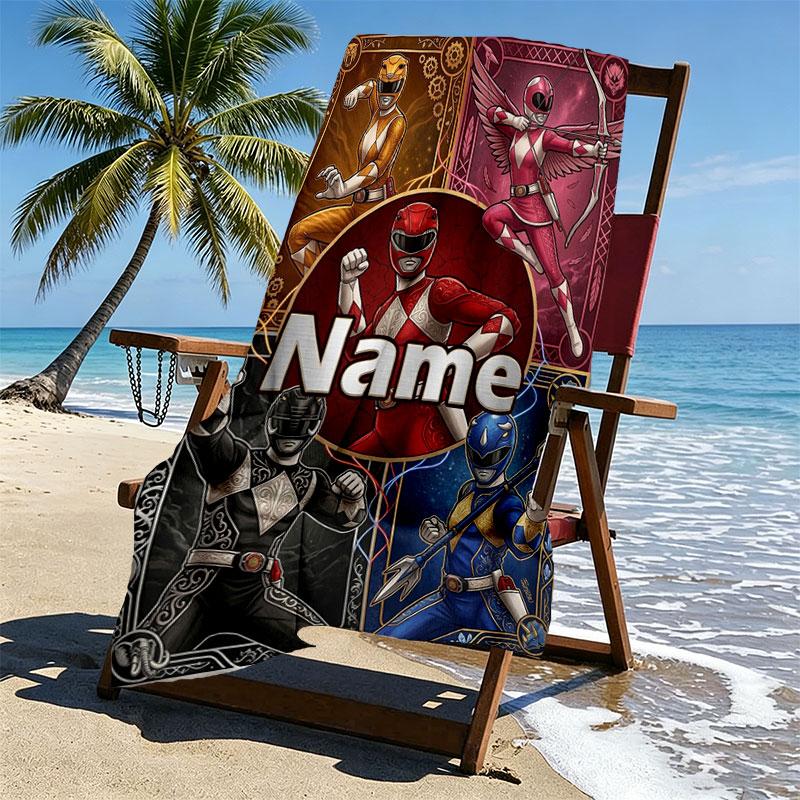 Custom Name Personalized Power Rangers Print Beach Towel, for Trip Camping Beach Party Home Decor, Birthday Gift for Family & Friends