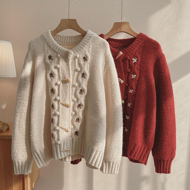 Mori Retro Cowl Button Cardigan Sweater Womens Осень-зима Свободная трикотажная куртка с вышивкой