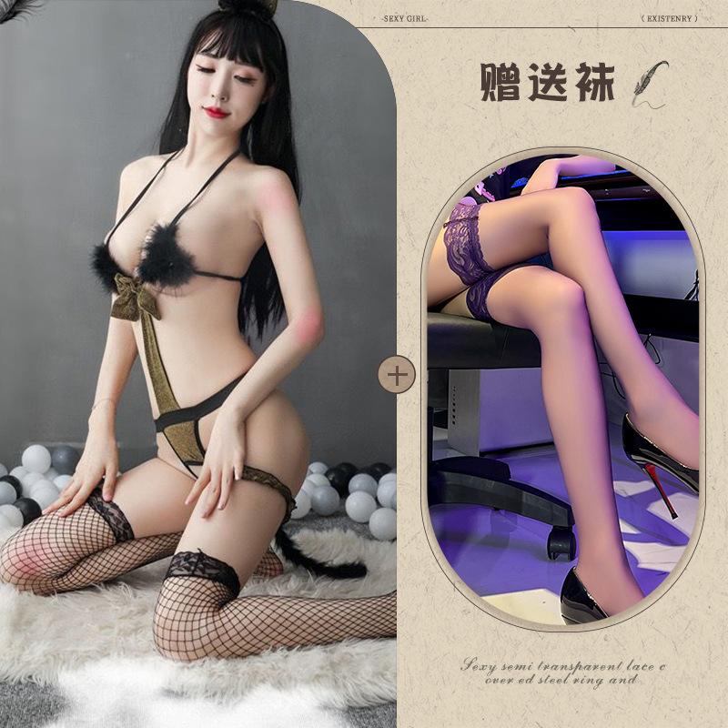 Sexy lingerie sexy pussy girl burst tits seduction three-point one-piece hollow backless plush uniform suit