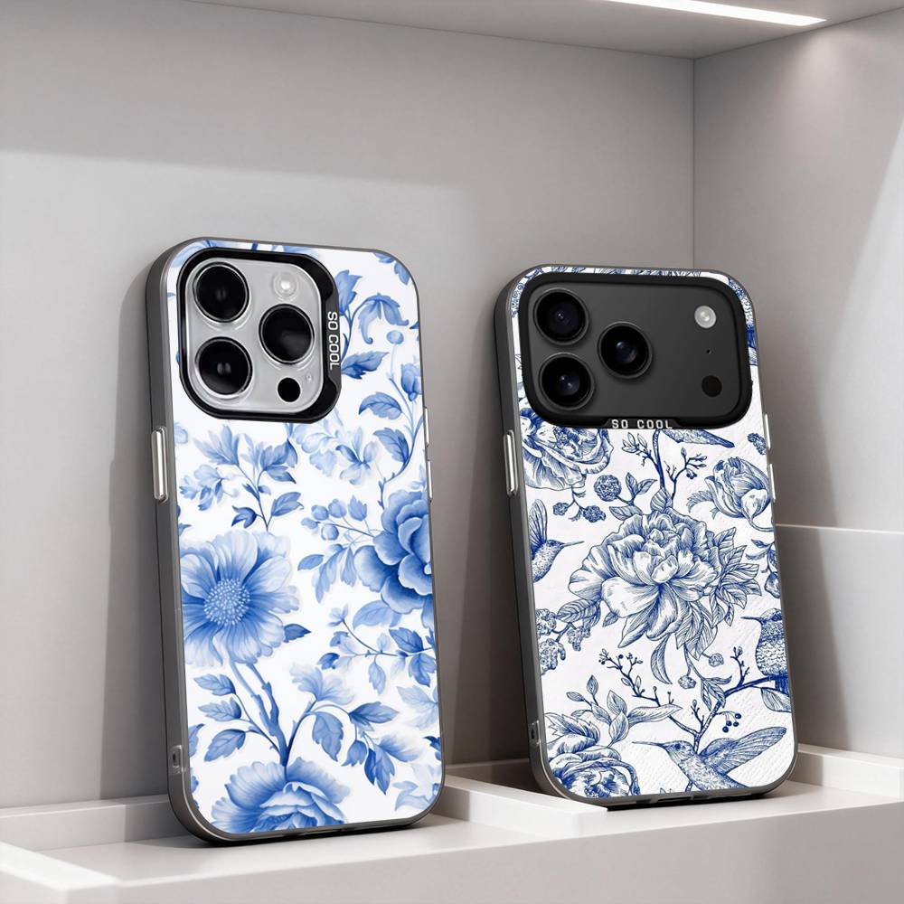 Сине-белый фарфоровый арт чехол для телефона iPhone 11, 12, 13, 14, 15, 16, 17, Pro, Max, Plus, E, Air, Mini IMD Матовый Черный