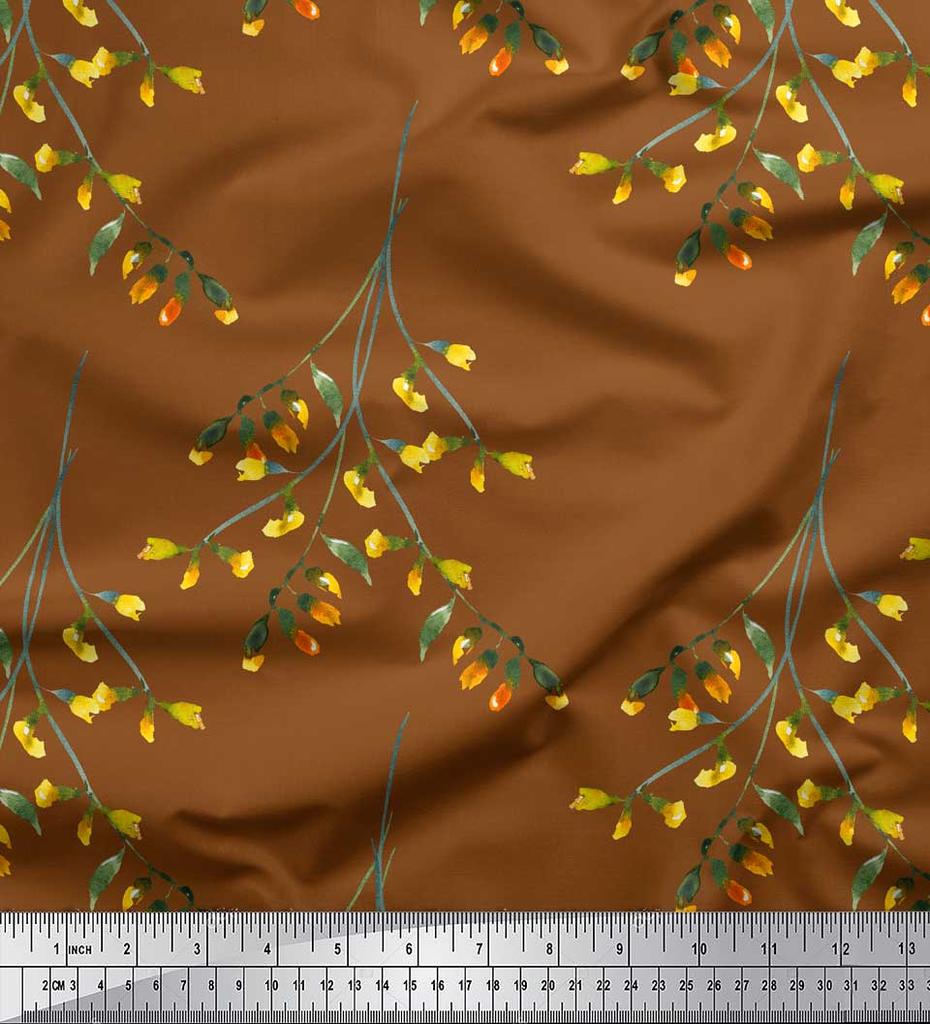 Soimoi Черная японская креп-сатиновая ткань с акварельным принтом и листьями, ткань для рукоделия шириной 42 дюйма по метрам