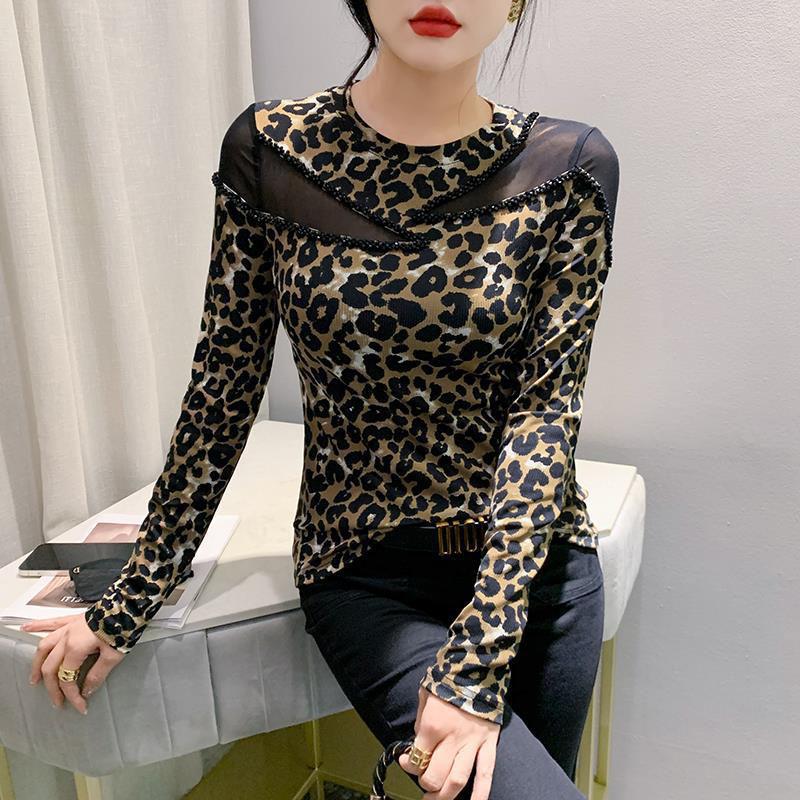 Леопардовый топ с длинным рукавом, винтажная удобная эластичная облегающая кофта-джемпер, кружевные топы