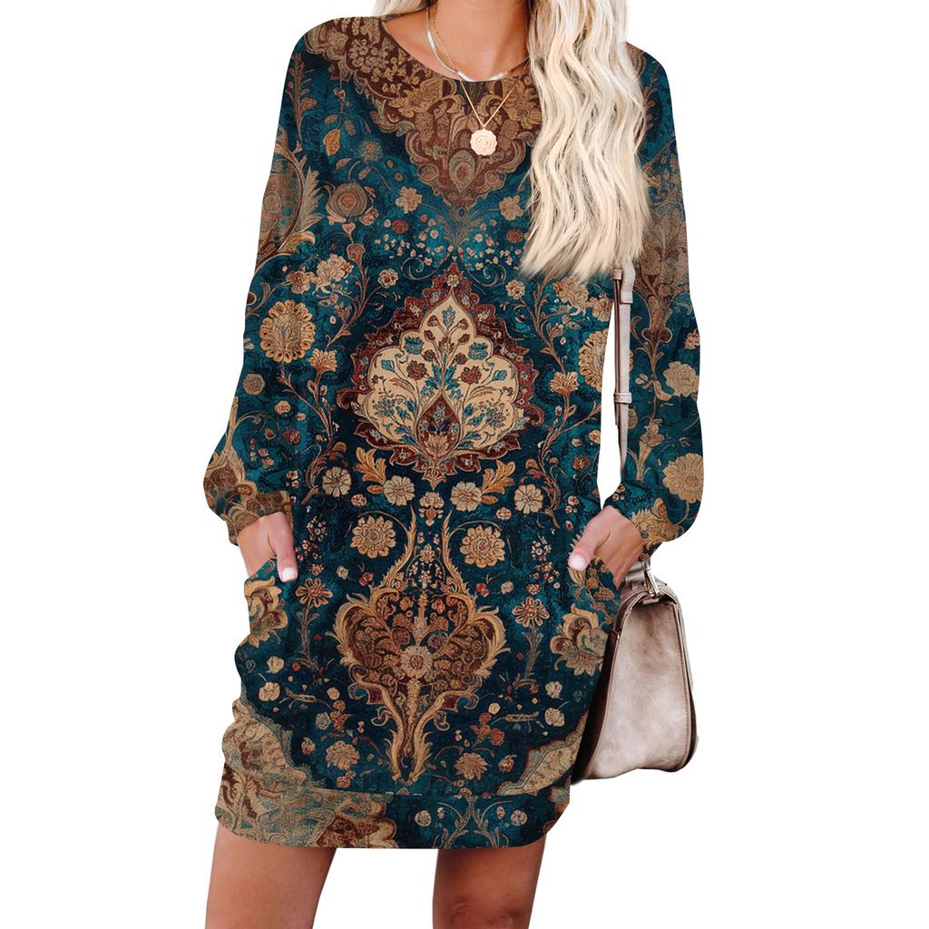 Women's Retro Printed Fashionable Long-sleeved Round-neck Pocket Dress