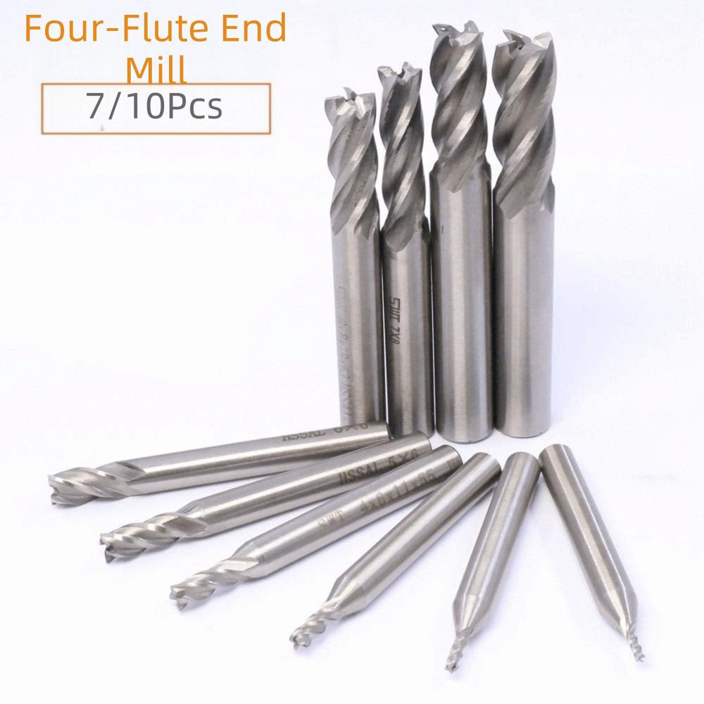 7/10Pcs Straight Shank End Mill Set 4-Flute Spiral CNC Milling Tools HSS End Mill CNC Lathe Milling