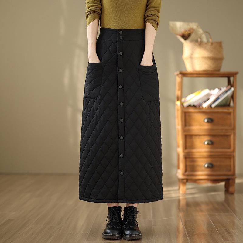 Женская юбка А-силуэта с завышенной талией, очень длинная, ветрозащитная, на пуху, из хлопка - Утепленная, на пуговицах, большого размера, зимний стиль