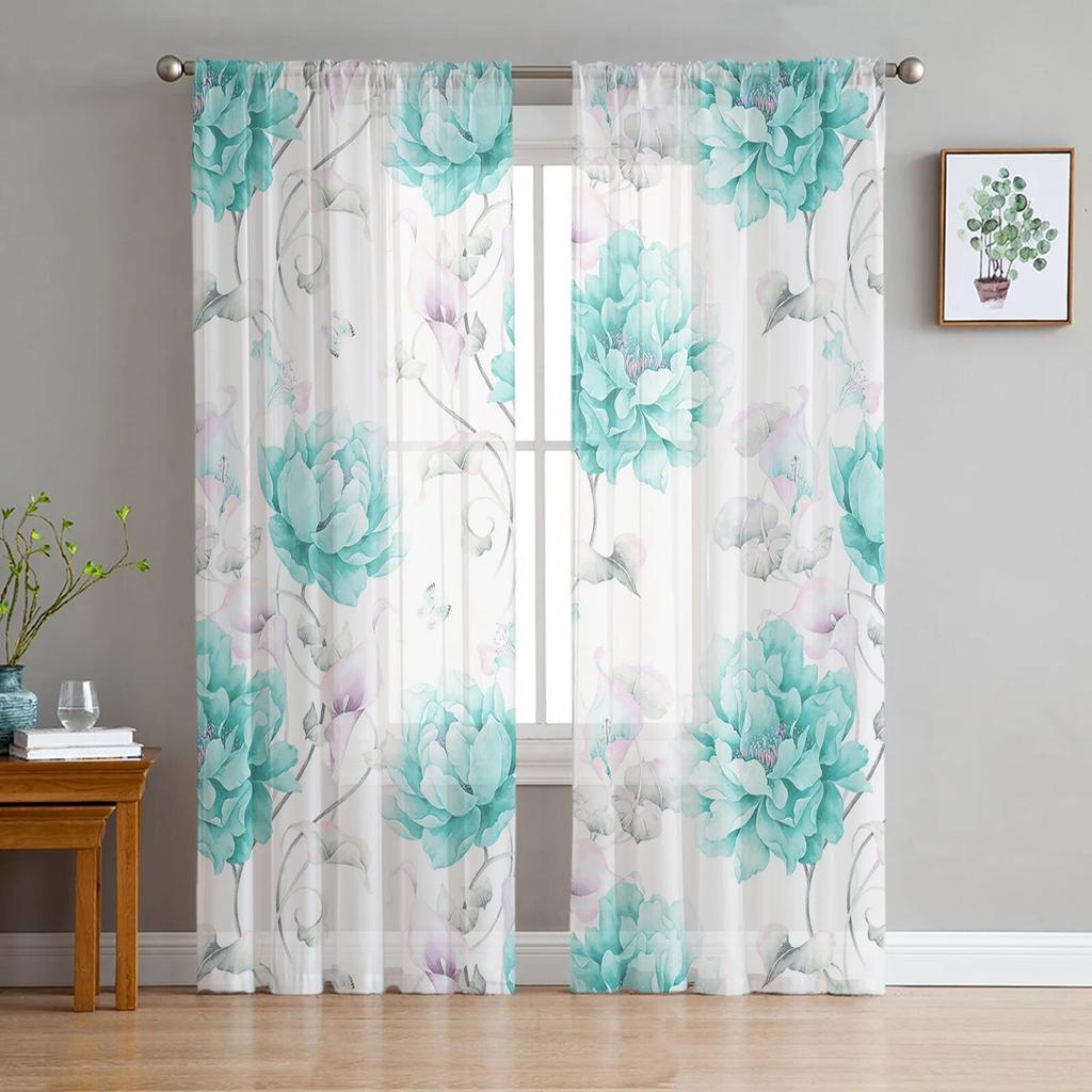 Pink Watercolor Flowers Retro Window Tulle Curtains for Living Room Bedroom Hotel Luxury Decoration Sheer Curtains