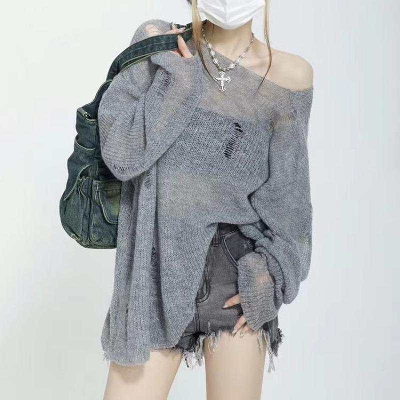 Autumn Long Sleeved Loose Cut Out Pullover Women Sunscreen Sweater Fashion Loose Simple Knitted Tops Thin Hole Elegant Office Shirts Clothing