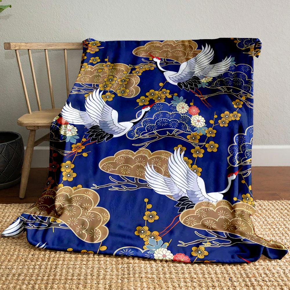Cranes Plum Blossoms Clouds Print Flannel Blanket bedroom Blanket for Livingroom Couch lunch break Soft throw for Friend's festival Gift