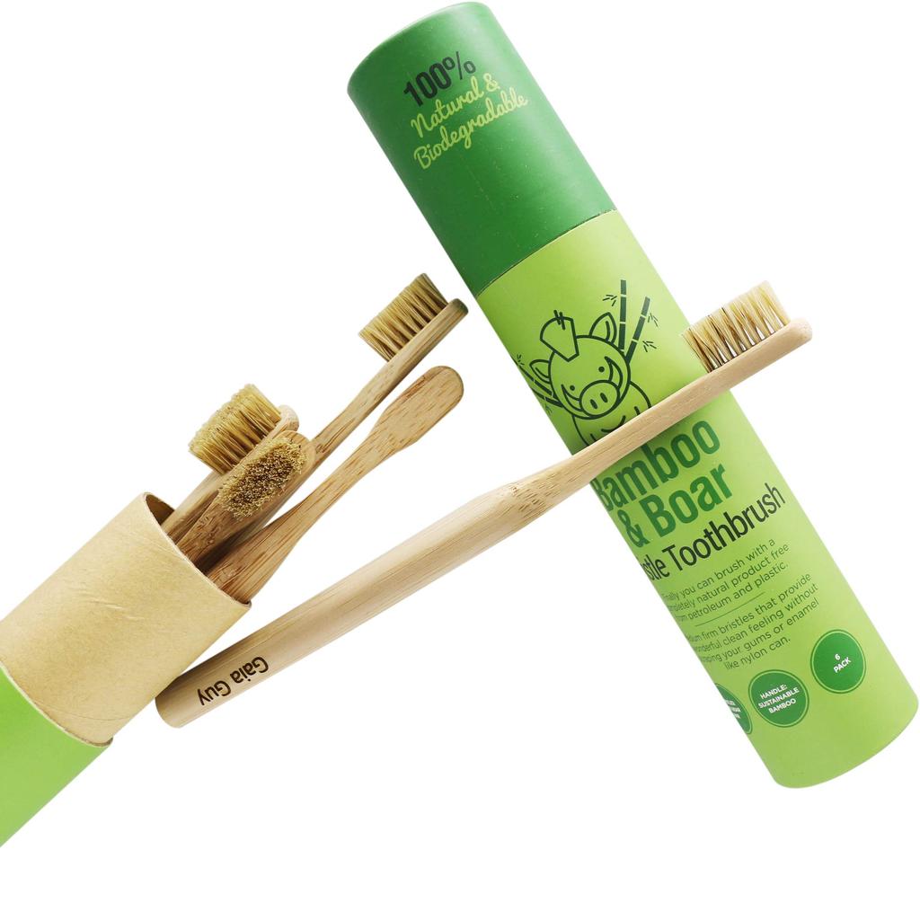 Natural Bristle Bamboo Toothbrush Completely Biodegradable Pig Handle Zero Waste Set of 6 (Nylon Free) - 100% Bristle/Bamboo -
