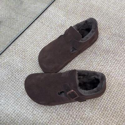 Женские туфли на плоской подошве Зима Новые Круглый носок Глубокий вырез Замша Металлическая пряжка Мягкая подошва Нескользящие Износостойкие Низкие туфли